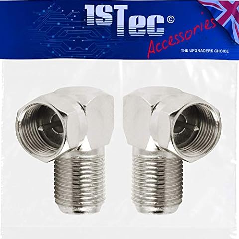 1STec 2 x Right Angled Male F-connector Adaptors to 90° Female Sockets for Sky Plus Digital Twin Shotgun Leads or Freesat Satellite Dish Main Aerial Cable with screw-on ends Set Top Wall Box Faceplate Cover