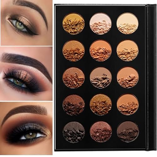 DE'LANCI 15 Colors Naked Smokey Eyeshadow Palette, Matte Shimmer Nude Brown Eyeshadow Pallet, Metallic Warm Natural Gold Bronze Neutral Eye Shadow for Blue Grey Eyes, Buildable Bright Dark Eye Makeup