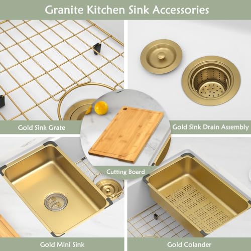 Image of White Kitchen Sink 31 inchx 18 inch,White Granite Composite Kitchen Sinks with Ledge & Gold Accessories, 31 Inch Quartz Stone Kithcen Sink，31 inch x 18 inch x 9 inch Large and Deep Single Bowl Workstation Sinks