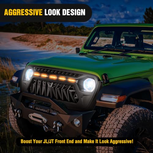 Image of Nilight Front Grille Cover for 2018 2019 2020 2021 2022 2023 2024 2025 Wrangler JL and Gladiator JT with LED Amber Lights Matte Black