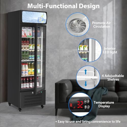 Image of 13.4 Cu.Ft Commercial Display Refrigerator,Glass Door Beverage Cooler with Adjustable Shelves,LED Lighting & Advertising Panel, Mobile Design