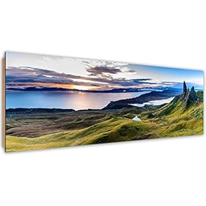 Feeby Panorama foto op Canvas 1-delig 158×53 Schilderij op Canvas Langwerpig Canvasdoek Wanddecoratie Moderne Fotoprint Natuur Landschap Schotland The Old Man of Storr Blauw Groen