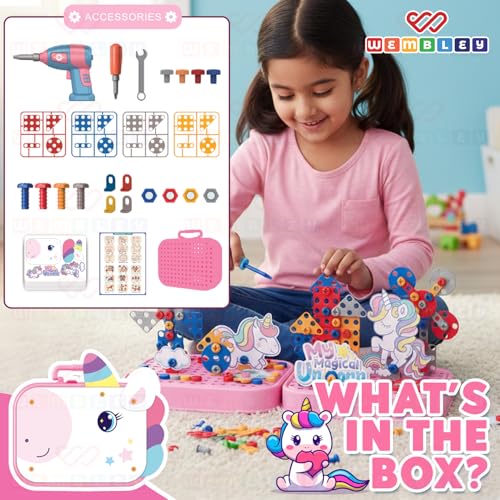 Image of Wembley Electric Drill Screw Puzzle Toy Set| 2-in-1 2D & 3D Unicorn Tool Set| 351 Pieces with Electric Screwdriver| STEM Learning DIY Building Block Kit| Ideal Gift for Kids of 2+