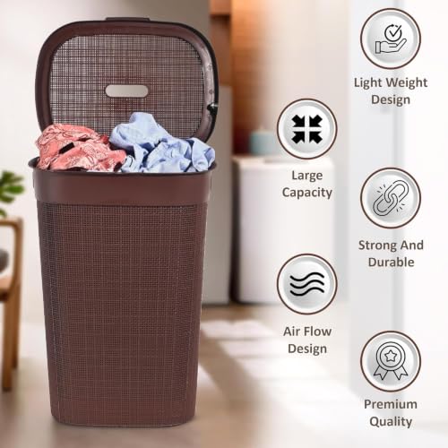 Image of 70 Ltr Plastic Big Laundry Basket for Clothes with Lid & Carry Handles | Lightweight & Ventilated Design Cloth Basket - Ideal for Home Organization and Storage | Brown