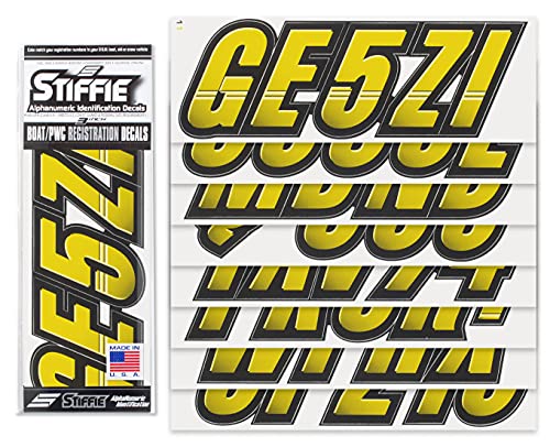 Image of STIFFIE Techtron Electric Yellow /Black 3 inch Boat & PWC Registration Decals • Numbers Letters Stickers