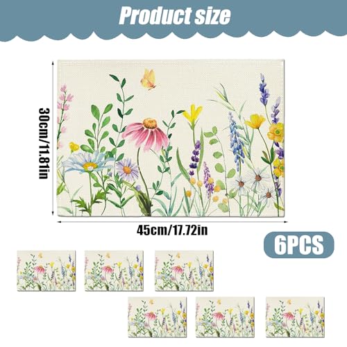 Linen Floral Placemats Set of 6 Rectangle Wild Flowers Table Mats Heat-Resistant Spring Summer Placemat Decoration Washable Non-slip Place Mats for Party Home Kitchen Table Decoration, 45x30CM (B) - Image 3