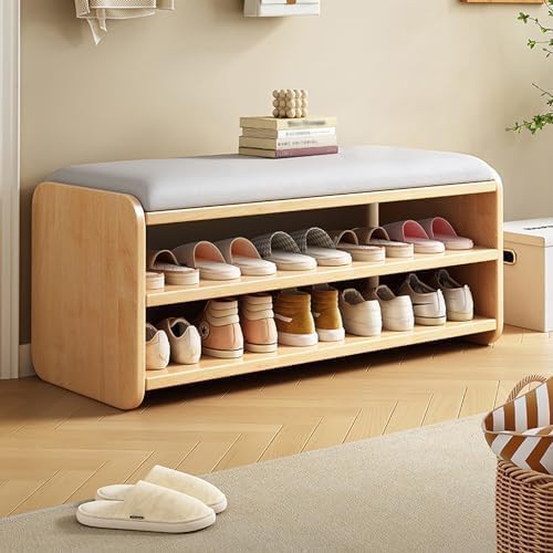 Étagère à chaussures en bois massif authentique et banc d'assise premium de salon