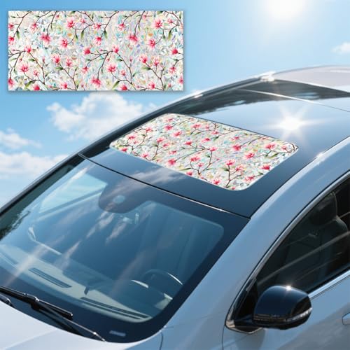 Image of JOONOR Pink Magnolia Flower Sunroof Film Floral Rainbow Effect Static Clings Window Privacy Film Sun Protection Stained Glass Decals for Car Moonroof & Side Windows, 17.72 x 35.43 Inch