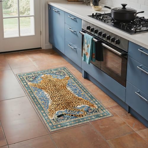 Tapete Leopardo Boho Azul 2x3 Pies Lavable a Máquina miniatura 2