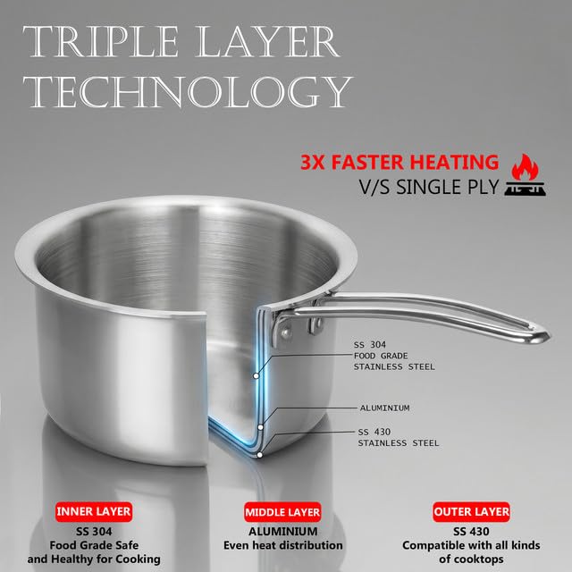 Image of Hornbills Triply Stainless Steel 17cm / 2.2 L Teapan, Saucepan with Rivetless Stay Cool Handle, Faster Heating, Easy to Clean, Full Induction Bottom Chai Pot Milk Boiler with Handle (5 Years Warranty)
