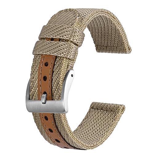 BISONSTRAP Sporty Nylon Watch Bands, Military Watch Strap for Men 20mm, Khaki with Silver Buckle