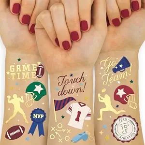 xo, Fetti Football Temporary Tattoos - 64 Gold Foil Styles | Varsity Birthday Decorations, Tailgate Supplies, School Sports Party Favor, Kids Party Favor, College Gameday