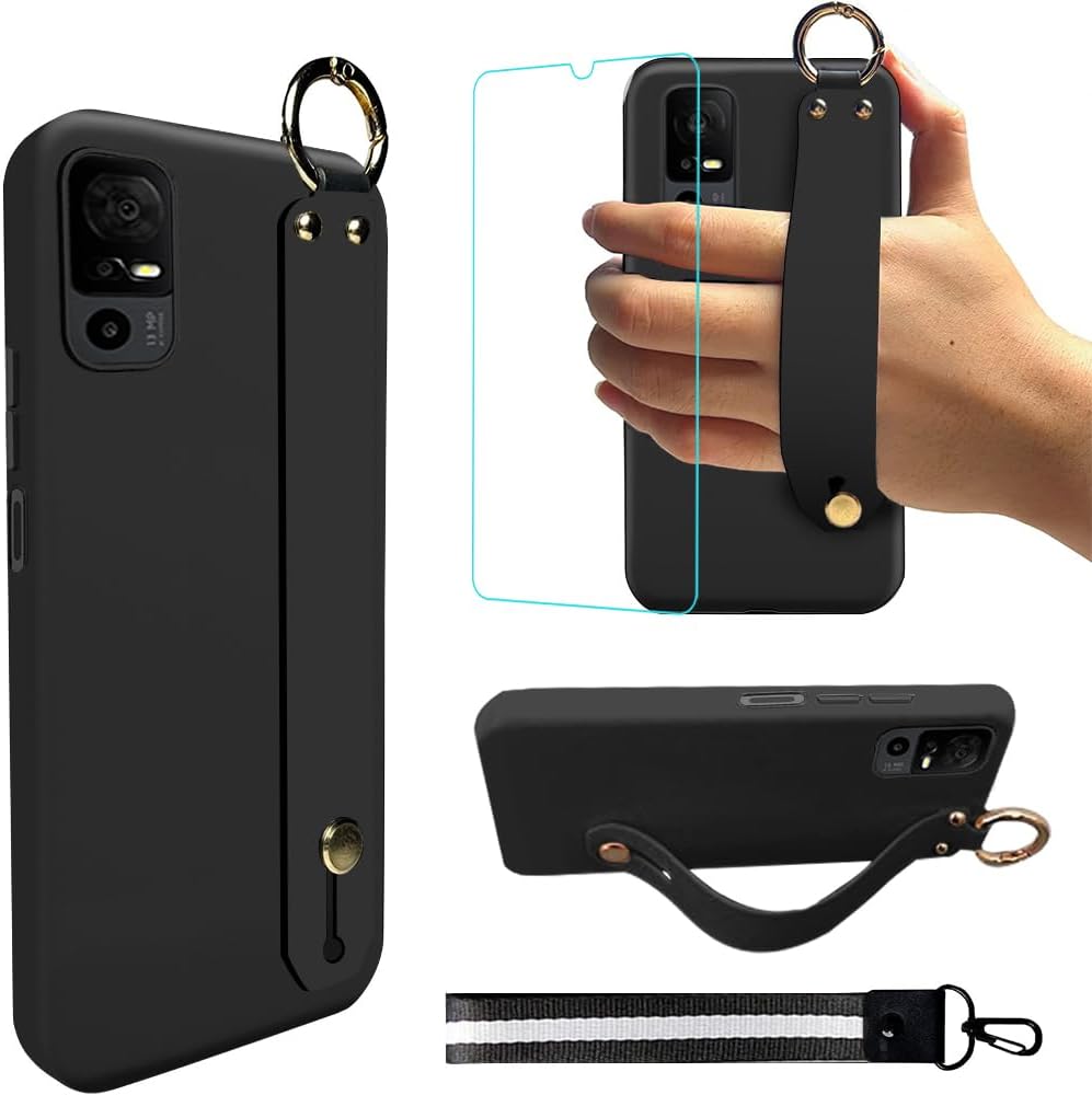 Case for TCL 40XE 5G Phone Case, Wrist Strap Stand Bracelet Case with Tempered Glass Screen Protector Soft Silicone TPU Protective Cover Wristband Phone Case for TCL 40 XE/TCL 40XE 5G 2023 - Black
