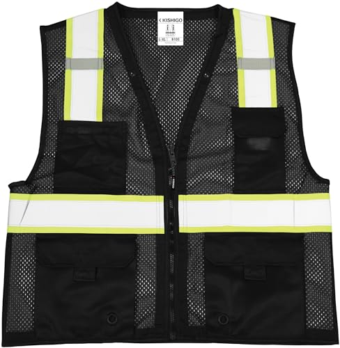 Kishigo Black Enhanced Visibility Men's Vest B100, Multi Pocket Mesh Hi-Vis Vest, Ultra-Cool Polyester, 6 Pockets, Zipper3