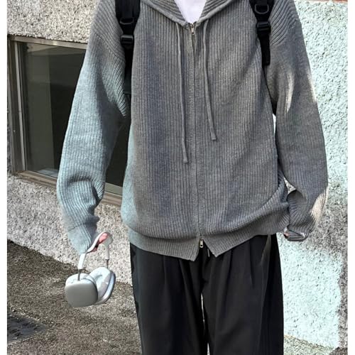 heyheyshine Men Zip Up Hoodie Solid Cardigan Sweater Long Sleeve Cardigan Knitted Drawstring Sweater Loose Casual Coat3