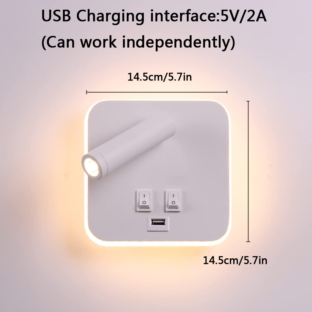 Bañador de pared Dormitorio Interruptor volvible Puerto de carga USB apliques de lectura de pared cama Iluminación de Pared cabecera 360 gradosgiratoria Blanco Cálido 3000K (3W + 10W)