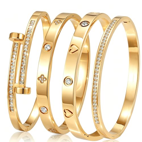 Camhanno Gold Bangle Bracelets for Women 18K Gold Plated Stainless Steel Stackable Bangles Non-Tarnish Trendy Jewelry Ideal Gift for Birthday Anniversary