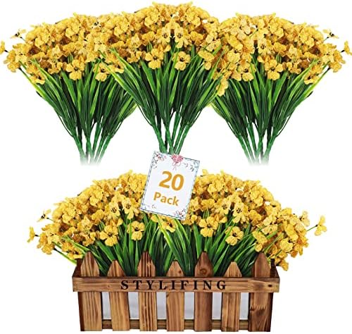 STYLIFING 20 PCS Artificial Outdoor Flowers UV Resistant Fake Flowers No Fade Faux Plastic Greenery Shrubs Garden Porch Window Box Decor