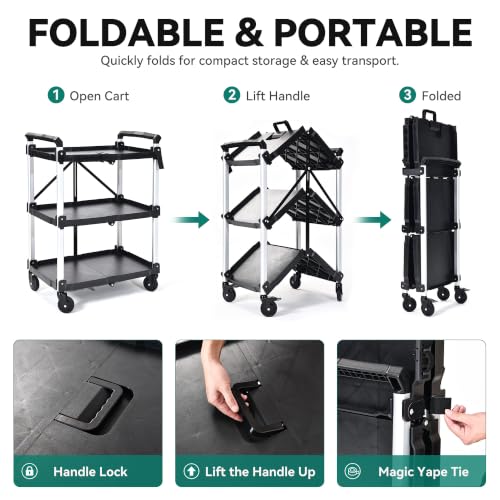 Image of YITAHOME 3-Tier Large Folding Utility Cart w /Wheels(2 Brakes), 300lbs | Foldable Service Cart Collapsible Rolling Cart w / 360 Swivel Wheels, Portable Cart w /Tool Side Mount Strap for Garage Office