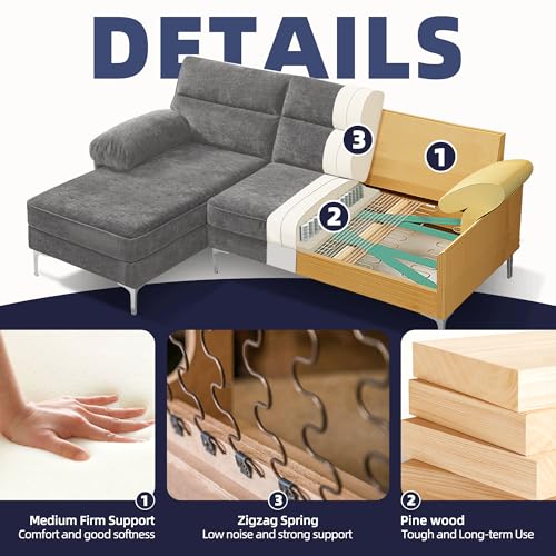 Image of Ihanherry Convertible Sectional Sofa, 85' 3 Seat L-Shaped Modern Chenille Fabric Modular Sofa, Reversible Wide Chaise & Fluffy Armrests, Grey