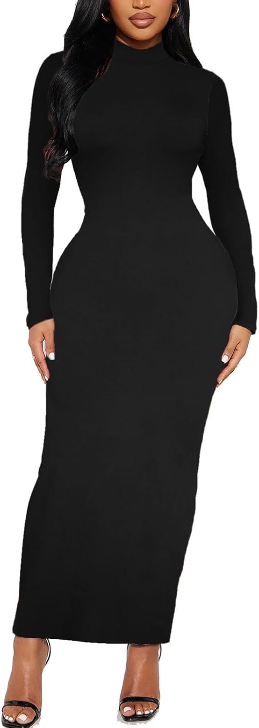 Women's Long Sleeve Bodycon Dress Maxi Mock Neck Fall Winter Casual Club Party T Shirts Tight Dresses