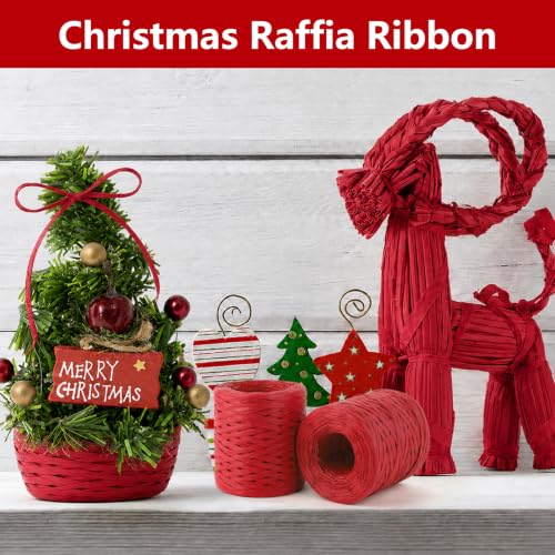 Image of BEVTEE 436 Yards Raffia Yarn for Crochet, Ribbons for Crafts,Red | Paper Ribbon for Wrapping Christmas Crafts DIY Decoration, Easy to Tie, Perfect for Basket Weaving Supplies