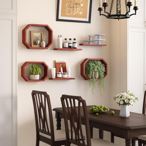 Image of Wall Mounted Floating Shelves Set of 6, Multipurpose Display, Book, Storage & Decor Shelves, Octagon Shape Wooden Wall Shelf for Living Room, Bedroom, Kitchen (Red)