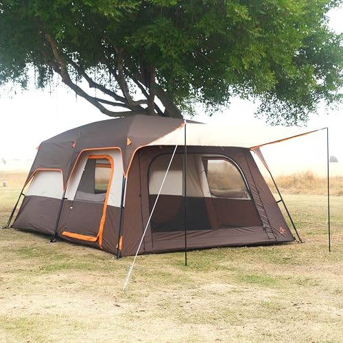 KTT Extra Large Tent 10-12-14 Person(A),Family Cabin Tents,2 Rooms,3 Doors and 3 Windows with Mesh,Straight Wall,Waterproof,Double Layer,Big Tent for Outdoor,Picnic,Camping,Family Gathering