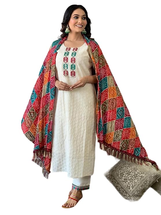 Image of Preeson Women's Pure Cotton Chikankari Emrboidery Kurti With Pant And Dupatta Set