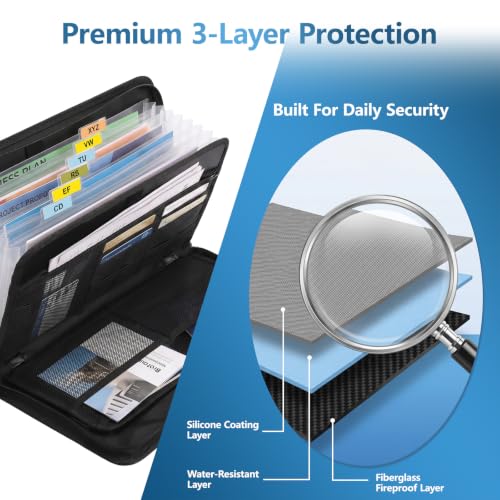 Image of Fireproof Accordion File Organizer Bag A4 13 Pockets Expandable Document Folder with Handle Portable Important Document Storage Case Fire Resistant File Organizer for Home Office Travel Black