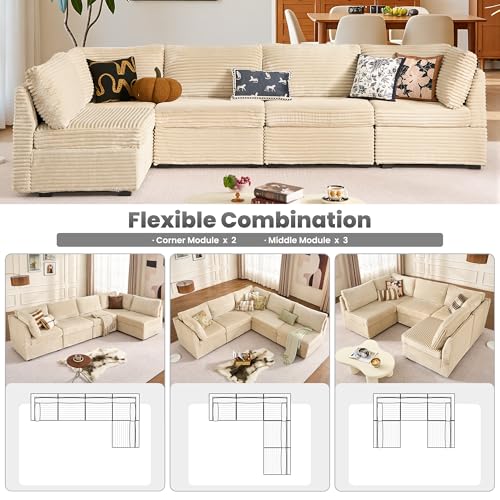 Image of ovios Modular Sectional Sofa Couch with U-Shape Chaise Oversized, Comfy Plush Corduroy Cloud Couches, Modern Luxury Deep Seat Sofas Set for Living Room, 5-Seater, Beige