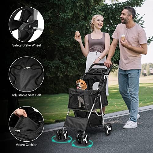 YITAHOME Pet Stroller, Foldable Cat Dog Stroller, Dog Pushchair, Dog Pram with Storage Basket Cup Holder Cushion Transparent Rain Cover, Dog Pram for Small Dogs Medium Dogs, Dog Buggy (Black)