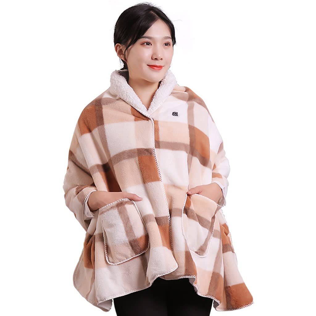 Couverture châle chauffante USB Portable avec 3 chauffages et minuterie & Poches, Couverture chauffante électrique Portable Lavable en Machine for Voyage, 67" x 27", Polaire Sherpa à Carreaux