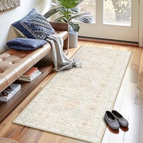 CAPALOCA Area Rugs 2x6 Thickened Runner Rug Machine Washable Kitchen Rugs Stain Resistant Bohemian Doormat Vintage Distressed Carpet Non Slip Rug for Hallway Cream/Beige/Ivory Cover