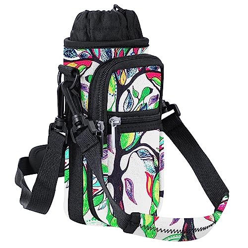 Water Bottle Holder With Strap, 32/40/64oz Water Bottle Bag, Water Bottle Pouch Carrier with Adjustable Shoulder Hand Strap, 2 Pocket Sling Neoprene Sleeve Sports for Hiking Travelling Camping