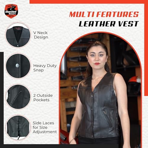 Image of Daniel Smart Women's Motorcycle Vest - Open Neck Leather Biker Vest with Stylish Side Lacing and Storage Pockets