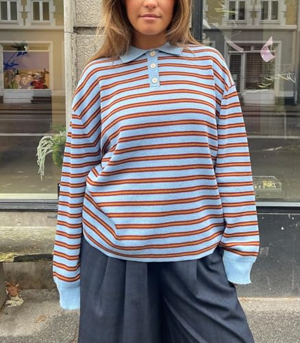 Y2k Striped Rugby Shirt for Women Long Sleeve Collared V Neck Preppy Polo Sweatshirt Casual Oversized Pullover Tops2