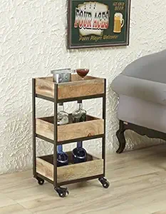 Indian Decor. 45839 Three Tier Bar Serving Cart,Mobile Kitchen Cart on Wheels, Kitchen Carts for Home,Industrial Vintage Style Wood Metal Serving Trolley, with Removable Top Tray, Brown