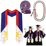 Moucuny 3 Pcs Graduation Stole Set Philippines Mexican Embroidered Country Flag Graduation Sash Stole Royal Blue Honor Cords(Philippines,Red and Blue)