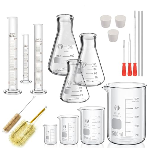 JESSTOLO Glass Erlenmeyer Flask Set(150 ml/100 ml/50 ml), with 4pcs Graduated Beaker, 3pcs Measuring Cylinder with 3pcs Dropper, 2pcs Stirring Rod and 2pcs Washing Brush for Lab, Science Studies