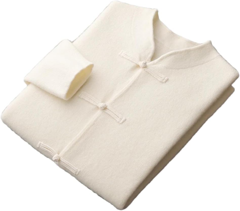 Men's Chinese Style Wool Knitted Cardigan Jacket with Round Neck Solid Color Casual Loose and Simple Knitted Cardigan