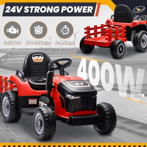 JOYRACER 24V Ride On Tractor for Kids, Ride on Toys w/400W Motors, Tiltable & Detachable Trailer, Adjustable Seat, Bluetooth, Music, Remote Control Electric Tractor Car for Kids, Red - Thumbnail 3