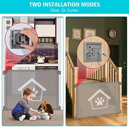 Ownpets Dog Gate 105CM, Pet Safety Guard Mesh Dog Gate Adhesive Installation and Easy Operation, Dog Safety Gate for Indoors, Outdoors, Doorways, Stairs and Hallways, Not Retractable (Grey)