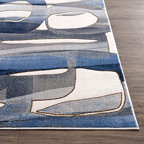 Abani Unique Blue & Grey Modern Circles Design Area Rug - Contemporary Asymmetric Print Non-Shed 4’ X 6’ Living Room Rug Rugs #TOP2