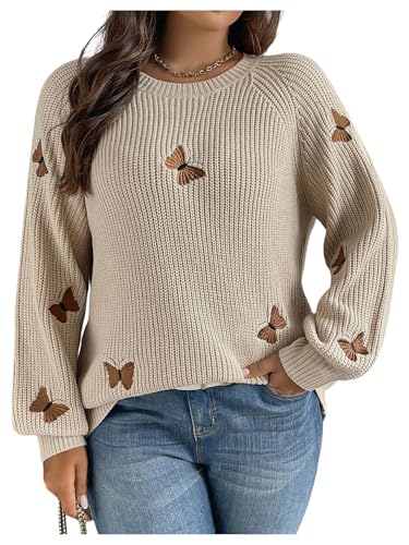 WDIRARA Women's Plus Size Butterfly Embroidery Sweater Crew Neck Long Sleeve Knit Top