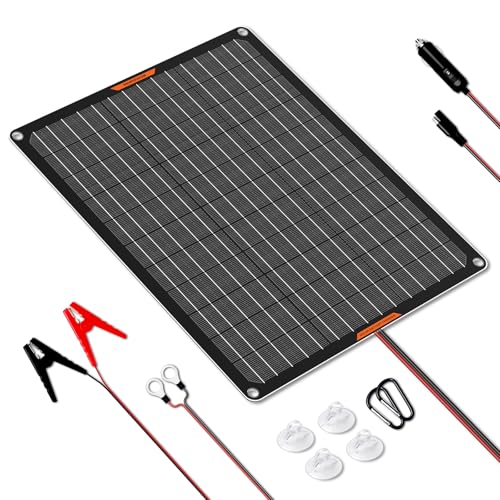 MHPOWOS 20W Solar Autobatterie Ladegerät, 12V Solar Batterie Erhaltungsladegerät, Tragbares Wasserdichtes Solar Panel Erhaltungsladekit für Auto Automobil Motorrad Marine Schneemobil Wasserfahrzeug