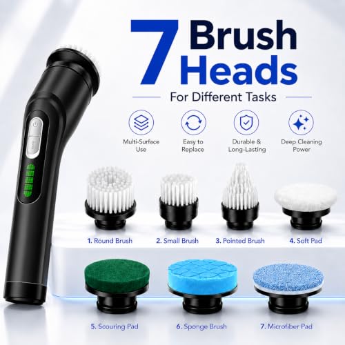 Image of Highyes Electric Spin Scrubber for Bathroom, IPX7 Waterproof Shower Scrubber with Extendable Long Handle, Bathroom Cleaning Scrubber with 7 Reusable Brush Heads (Black)