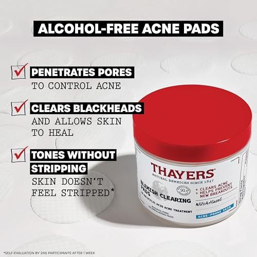 Thayers Blemish Clearing Acne Pads, Salicylic Acid Acne Treatment for Face, Pore Reducing, Exfoliating, and Soothing Skincare, Witch Hazel Toner Pads, 60 Ct