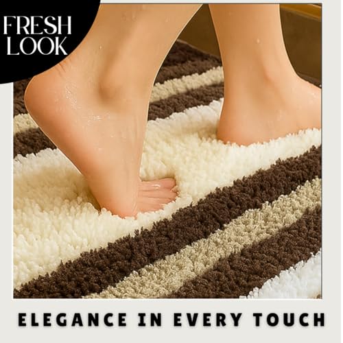 Image of VAS COLLECTIONS Microfiber Solid & Striped Anti-Skid Bath Mats - Pack of 2 (Brown & White, 35x50 cm)