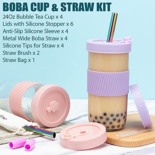 Reusable Boba Cup Bubble Tea Cup 4 Pack, 24Oz Wide Mouth Smoothie Cups With Lid, Silicone Sleeve & Wide Straws, Leakproof Glass Drinking Water Bottle Travel Tumbler Jar For Large Pearl Valentine Gifts #TOP5